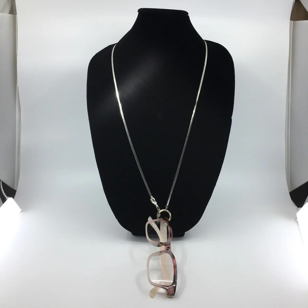 Chico's Signed Eyeglass Holder Long Necklace Silver Chain - Picture 1 of 13